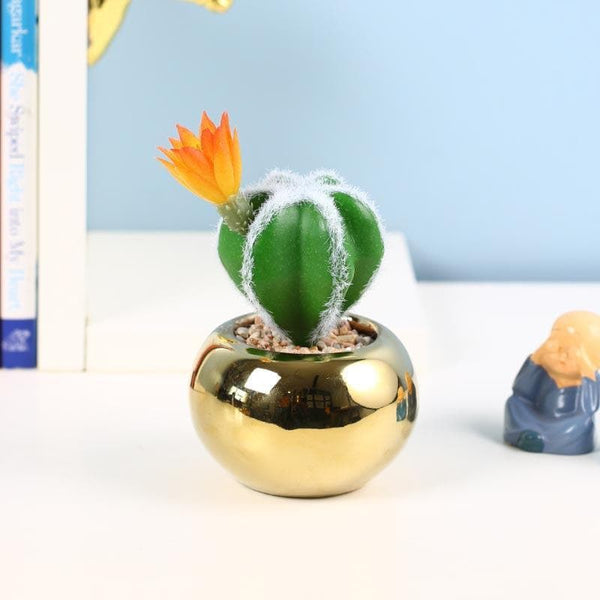 Artificial Plants - Faux Cacti In Gold Ceramic Pot - 14.5 cms