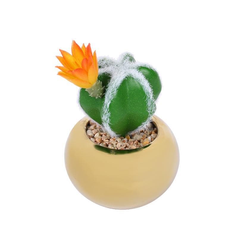 Artificial Plants - Faux Cacti In Gold Ceramic Pot - 14.5 cms