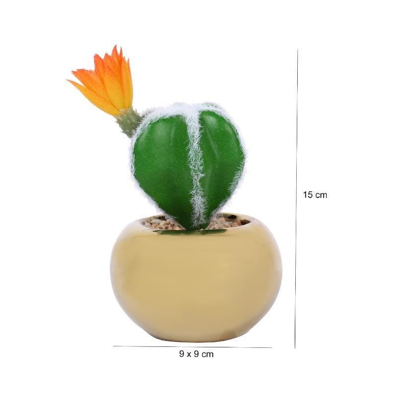 Artificial Plants - Faux Cacti In Gold Ceramic Pot - 14.5 cms