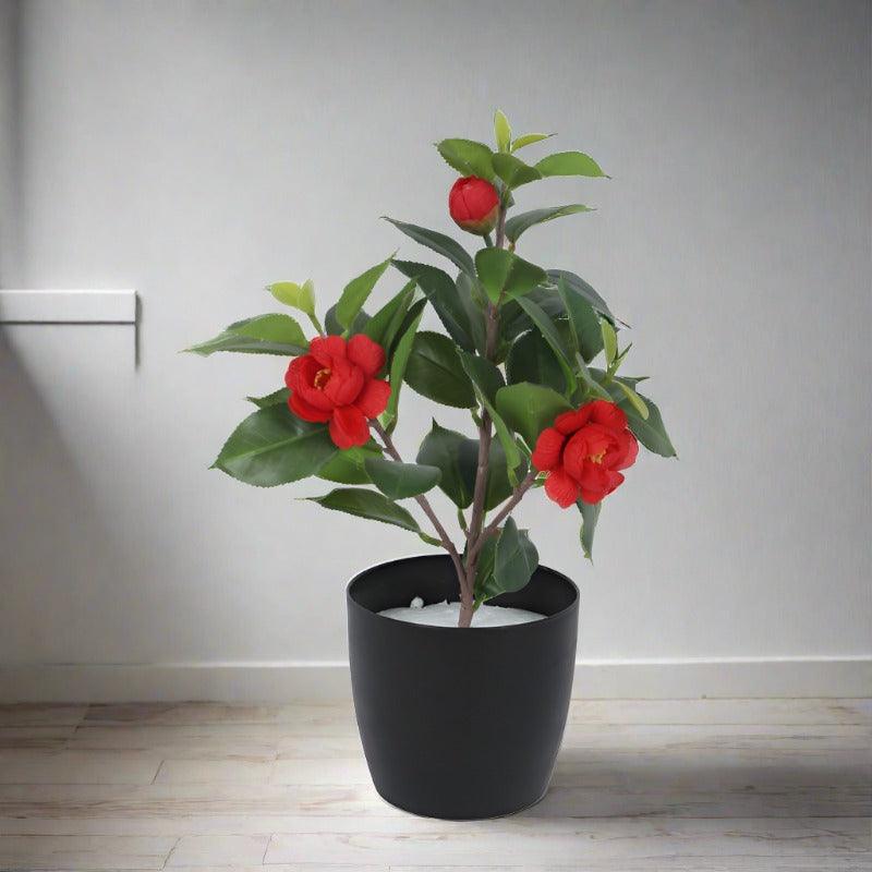 Artificial Plants - Faux Camelia Rose Plant With Pot (34 cms) - Red