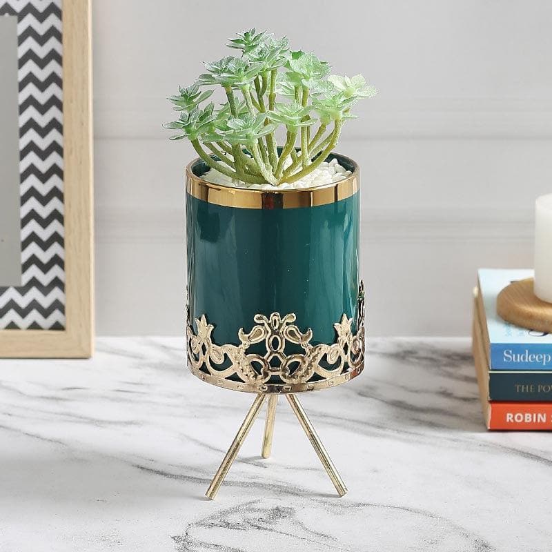 Artificial Plants - Faux Crassula In Blue Ceramic Pot - 20 cms