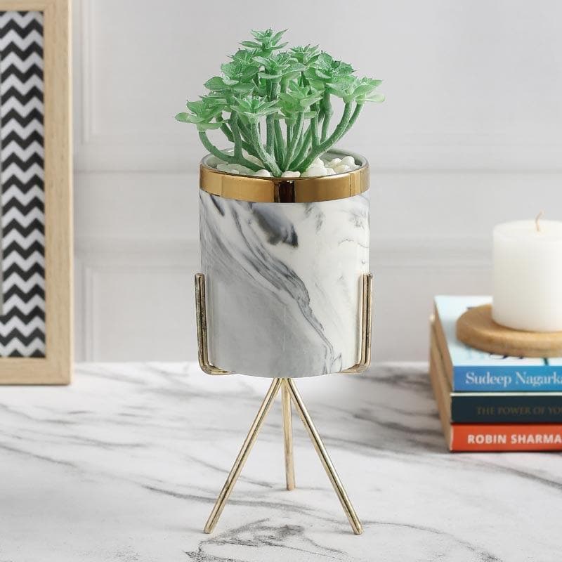 Artificial Plants - Faux Crassula In Marble Pot - 23 cms