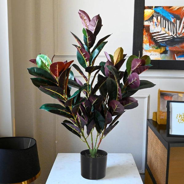 Artificial Plants - Faux Deco Red Rubber Plant With Pot - 2.79 ft