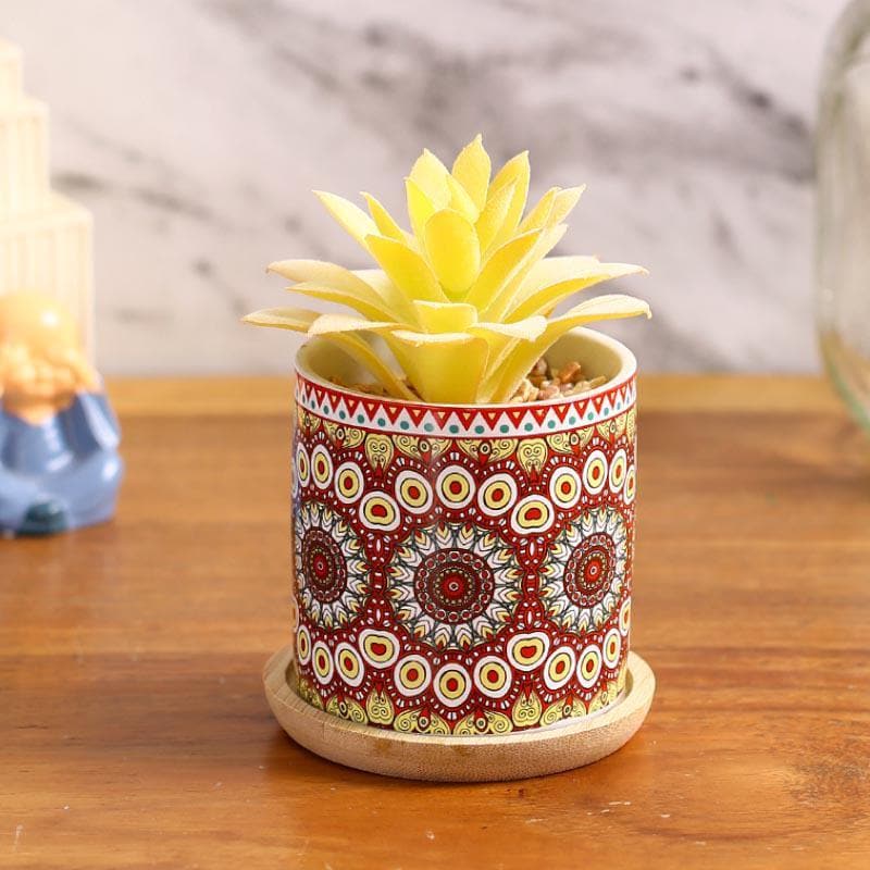 Artificial Plants - Faux Echeveria In Ethnic Pot - 12.5 cms