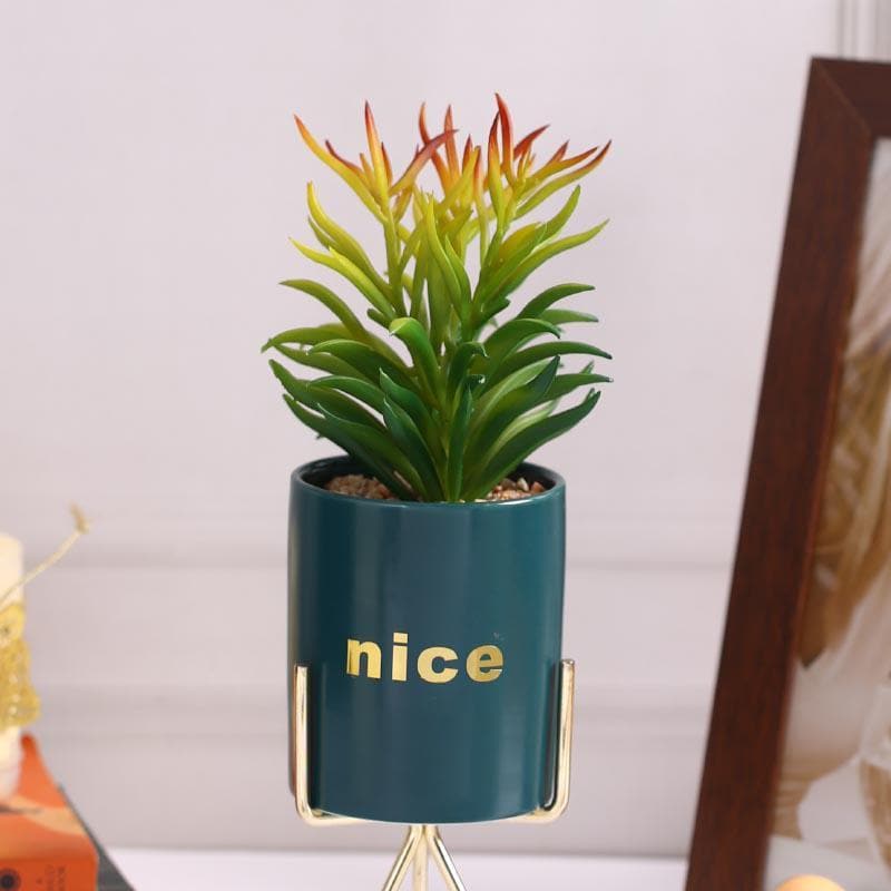 Buy Faux Euphorbia In Blue Pot With Tripod - 28.5 cms Artificial Plants from Vaaree