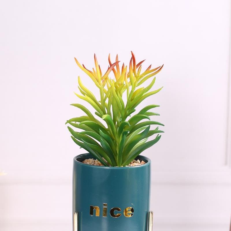 Artificial Plants - Faux Euphorbia In Blue Pot With Tripod - 28.5 cms