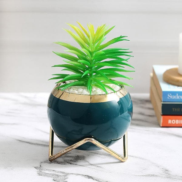 Buy Faux Euphorbia In Blue Round Pot With Stand - 14.5 cms Artificial Plants from Vaaree