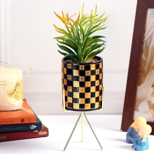 Buy Faux Euphorbia In Checkered Pot With Tripod - 29.5 cms Artificial Plants from Vaaree