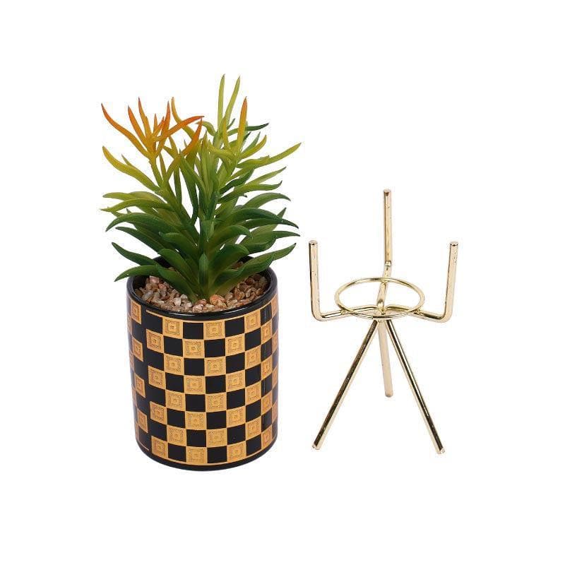 Artificial Plants - Faux Euphorbia In Checkered Pot With Tripod - 29.5 cms