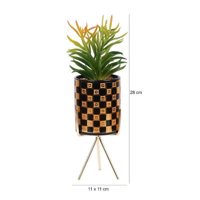 Artificial Plants - Faux Euphorbia In Checkered Pot With Tripod - 29.5 cms