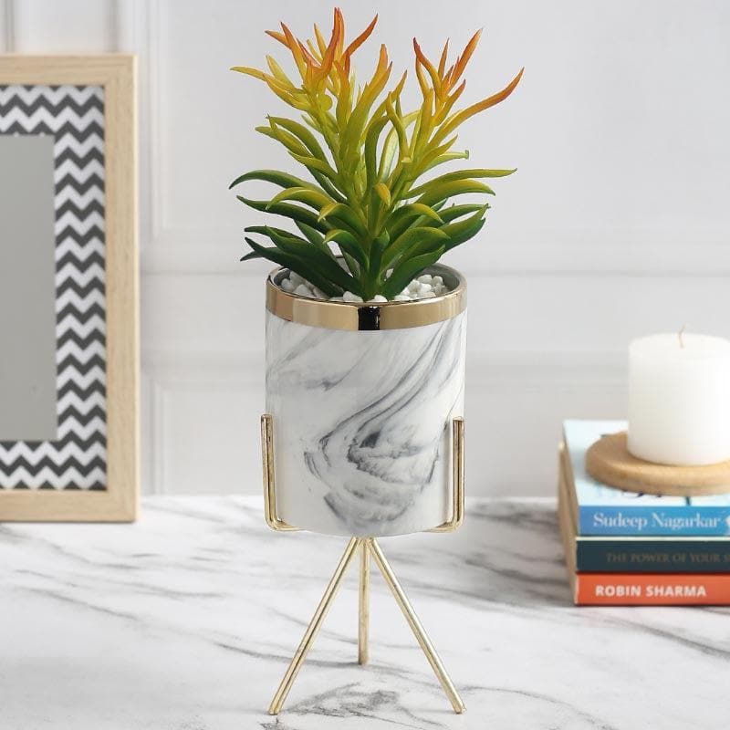 Artificial Plants - Faux Euphorbia In Marble Pot - 28 cms