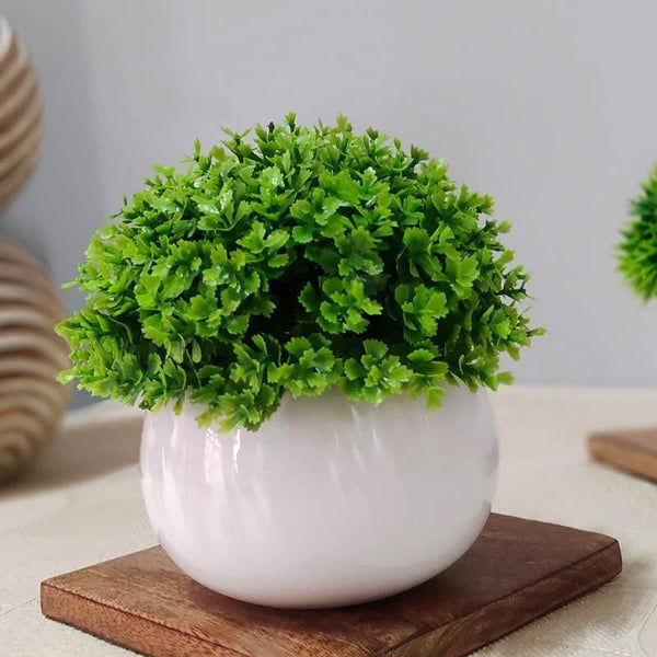 Artificial Plants - Faux Green Bush In Metal Pot (13 cms) - Set Of Two