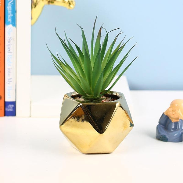 Artificial Plants - Faux Haworthia In Gold Ceramic Pot - 16 cms