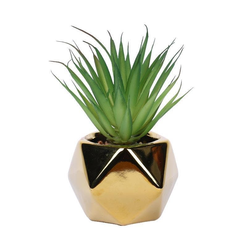 Artificial Plants - Faux Haworthia In Gold Ceramic Pot - 16 cms