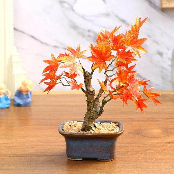 Artificial Plants - Faux Maple Bonsai In Tub Pot (23 cms) - Red