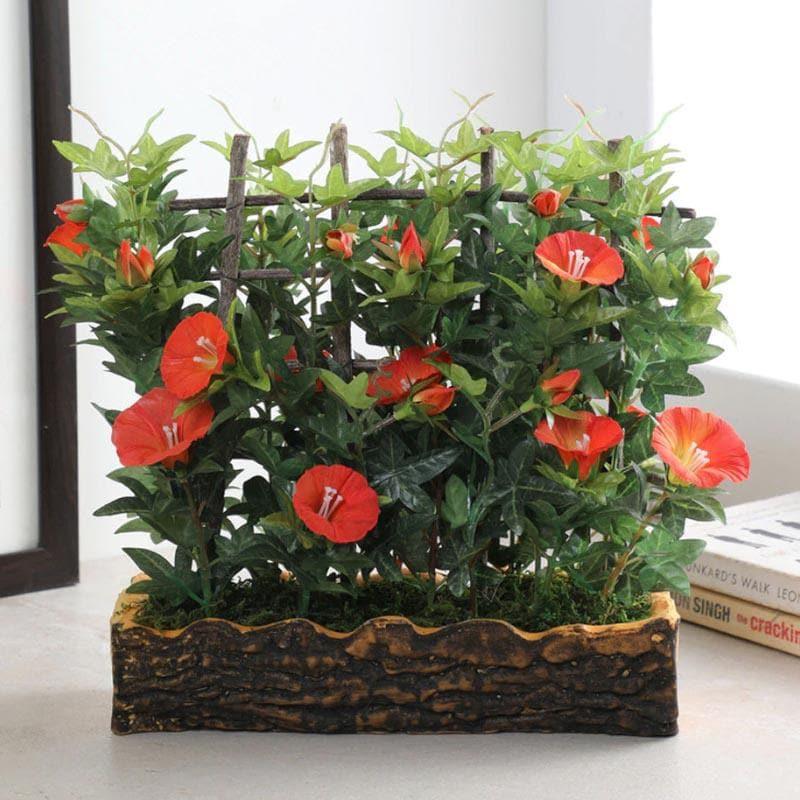 Buy Faux Morning Glory Bonsai In Rustic Pot (27 cms) - Orange Artificial Plants from Vaaree