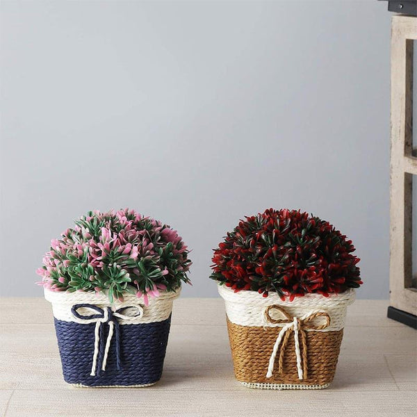 Artificial Plants - (Blue & Brown) Faux Rose Bush In Basket Pot (14 cms) - Set Of Two