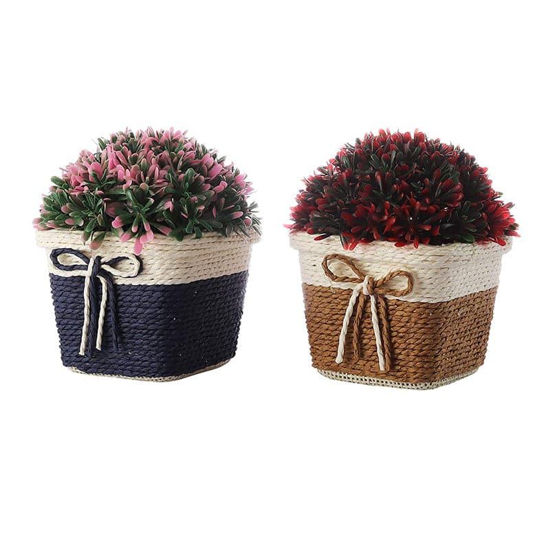 Artificial Plants - (Blue & Brown) Faux Rose Bush In Basket Pot (14 cms) - Set Of Two