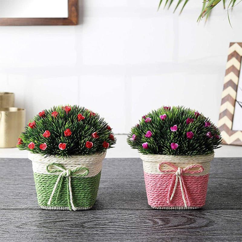 Artificial Plants - (Pink & Green) Faux Rose Bush In Basket Pot (15 cms) - Set Of Two