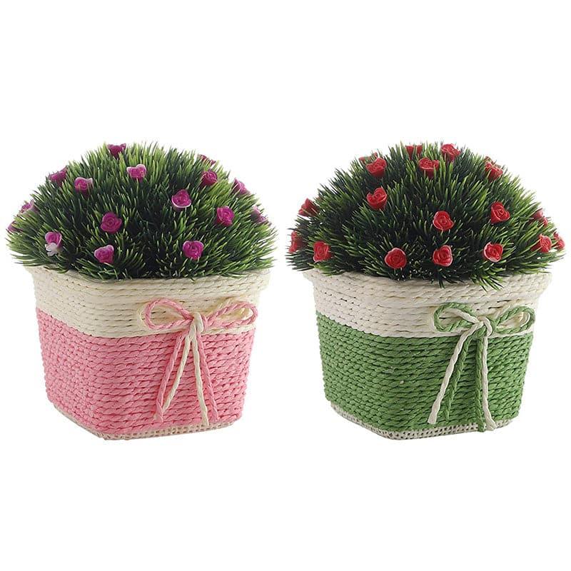 Artificial Plants - (Pink & Green) Faux Rose Bush In Basket Pot (15 cms) - Set Of Two