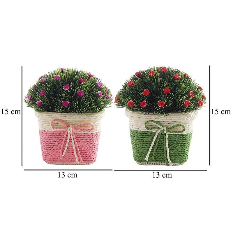 Artificial Plants - (Pink & Green) Faux Rose Bush In Basket Pot (15 cms) - Set Of Two