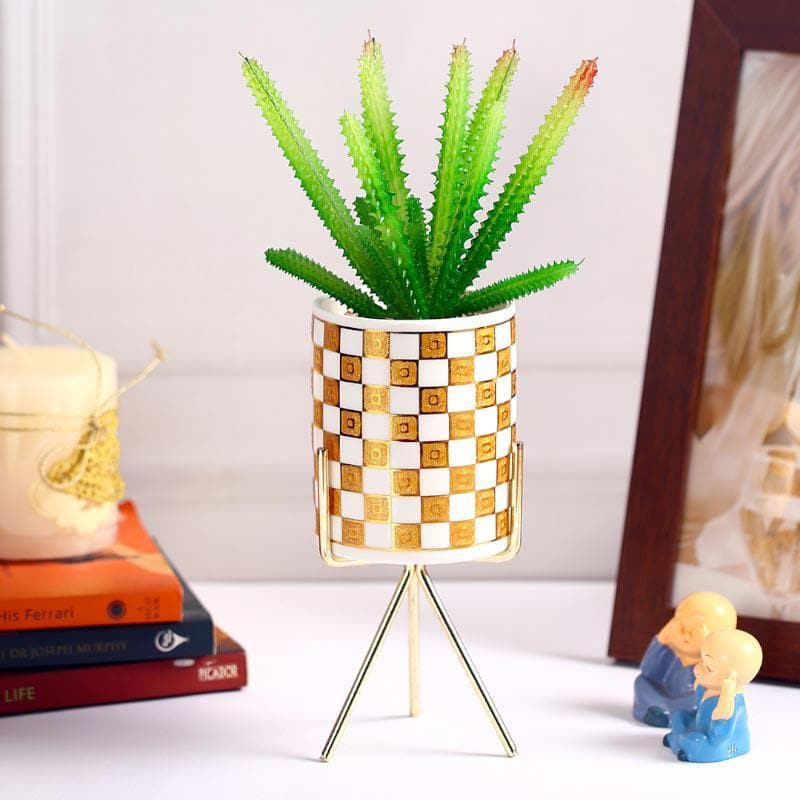 Buy Faux Senecio In Checkered Pot With Tripod - 29.5 cms Artificial Plants from Vaaree