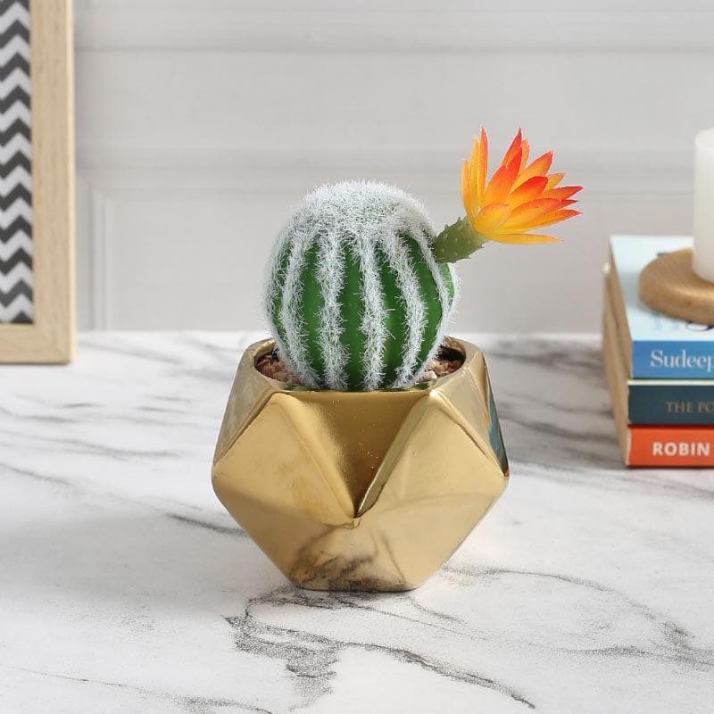 Artificial Plants - Faux Stripe Cacti In Gold Ceramic Pot - 15 cms