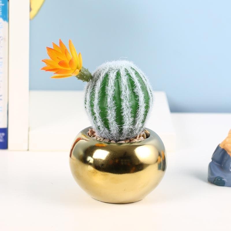 Artificial Plants - Faux Stripe Cacti In Round Ceramic Pot - 17 cms