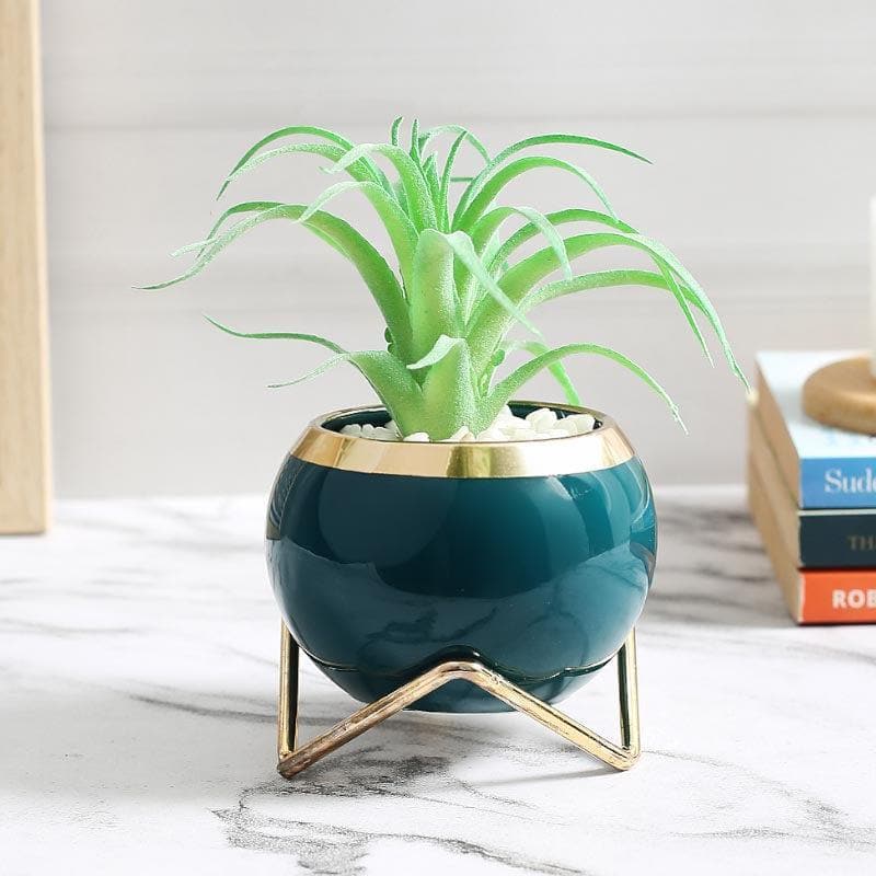 Artificial Plants - Faux Succulent In Blue Round Pot With Stand - 15.5 cms