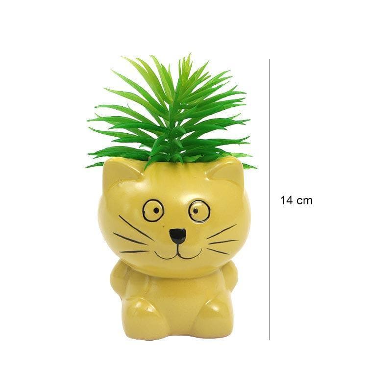 Artificial Plants - Faux Succulent In Cat Face Pot - 14.5 cms