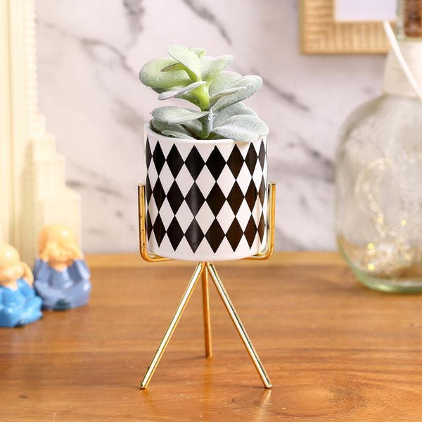 Artificial Plants - Faux Succulent In Checkered Pot With Tripod - 20 cms