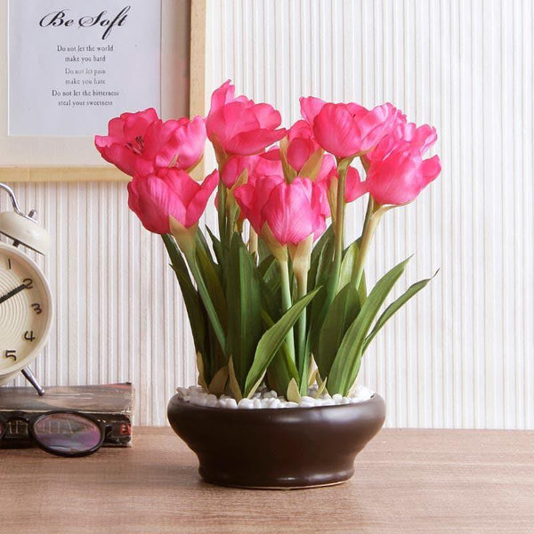 Artificial Plants - Faux Tulip Bonsai In Ceramic Pot (26 cms) - Dark Pink