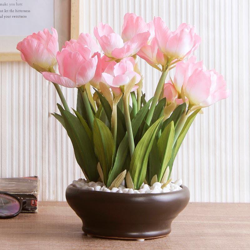 Buy Artificial Plants - Faux Tulip Bonsai In Ceramic Pot - Light Pink at Vaaree online