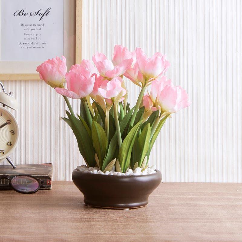 Buy Faux Tulip Bonsai In Ceramic Pot (26 cms) - Light Pink Artificial Plants from Vaaree