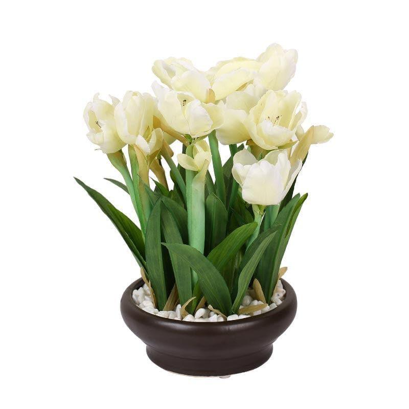 Buy Faux Tulip Bonsai In Ceramic Pot (26 cms) - White Artificial Plants from Vaaree