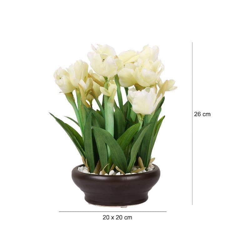 Artificial Plants - Faux Tulip Bonsai In Ceramic Pot (26 cms) - White