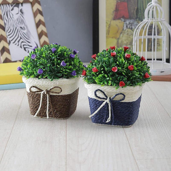 Artificial Plants - (Blue & Brown) Faux Wild Bush In Basket Pot (14 cms) - Set Of Two