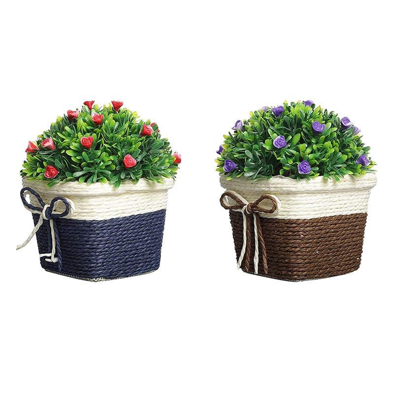 Artificial Plants - (Blue & Brown) Faux Wild Bush In Basket Pot (14 cms) - Set Of Two