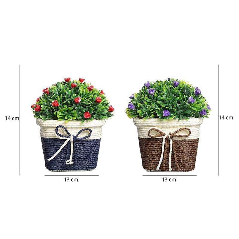 Artificial Plants - (Blue & Brown) Faux Wild Bush In Basket Pot (14 cms) - Set Of Two