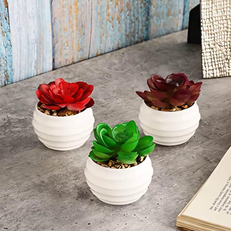 Artificial Plants - Hecha Faux Plant In Borga Pot (14 cms) - Set Of Three