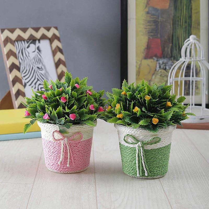 Artificial Plants - (Pink & Green) Rosa Rush Faux Plant In Basket Pot (15 cms) - Set Of Two