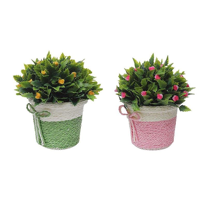 Artificial Plants - (Pink & Green) Rosa Rush Faux Plant In Basket Pot (15 cms) - Set Of Two