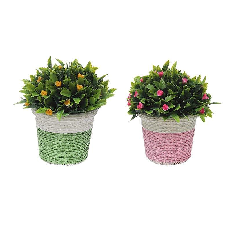 Artificial Plants - (Pink & Green) Rosa Rush Faux Plant In Basket Pot (15 cms) - Set Of Two