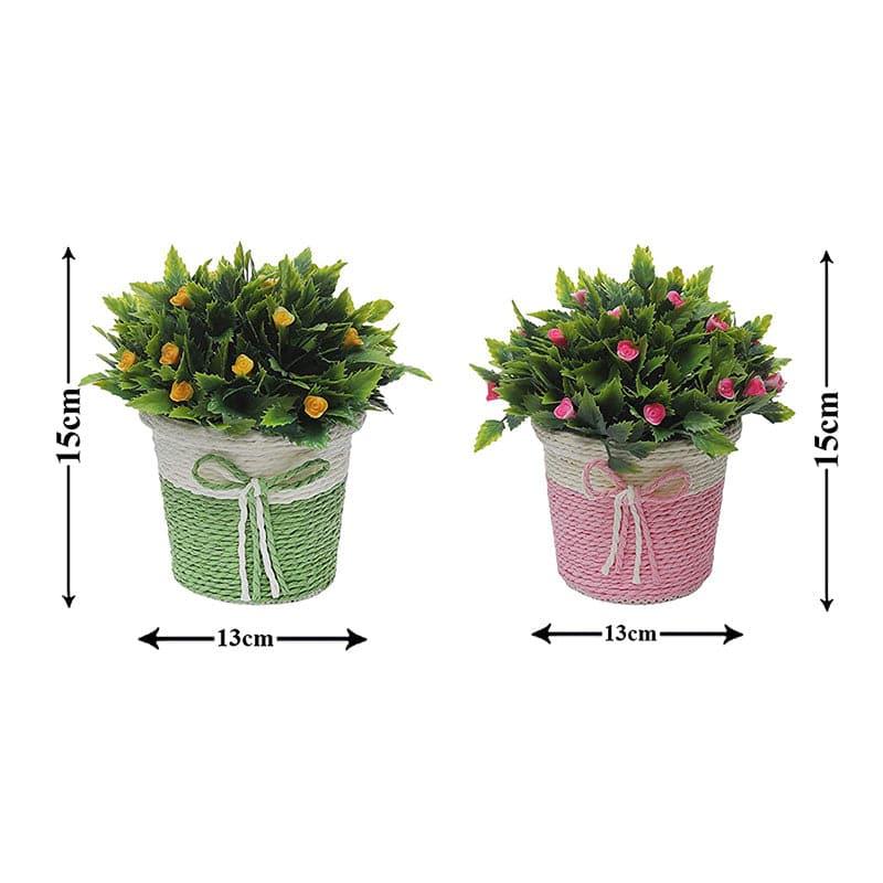 Artificial Plants - (Pink & Green) Rosa Rush Faux Plant In Basket Pot (15 cms) - Set Of Two