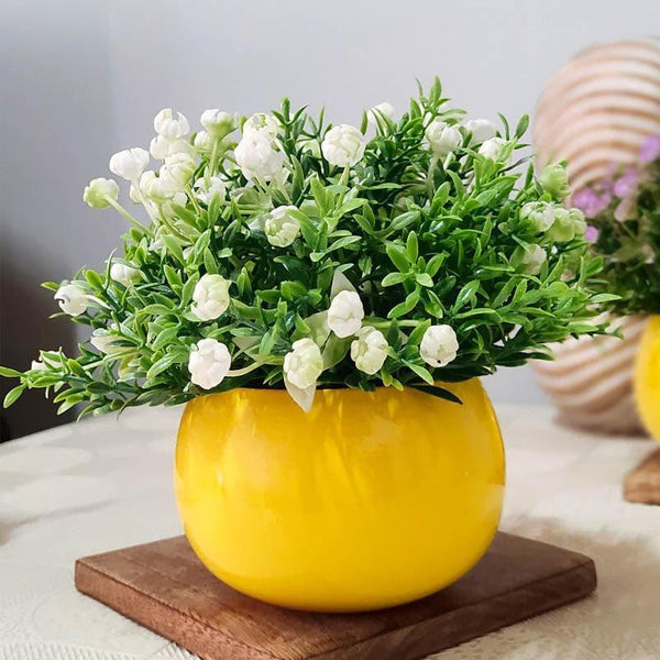 Buy White Faux Ice Rose Floral Bush In Yellow Pot - 15 cms Artificial Plants from Vaaree