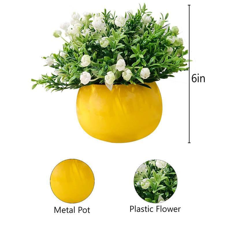 Buy White Faux Ice Rose Floral Bush In Yellow Pot - 15 cms Artificial Plants from Vaaree