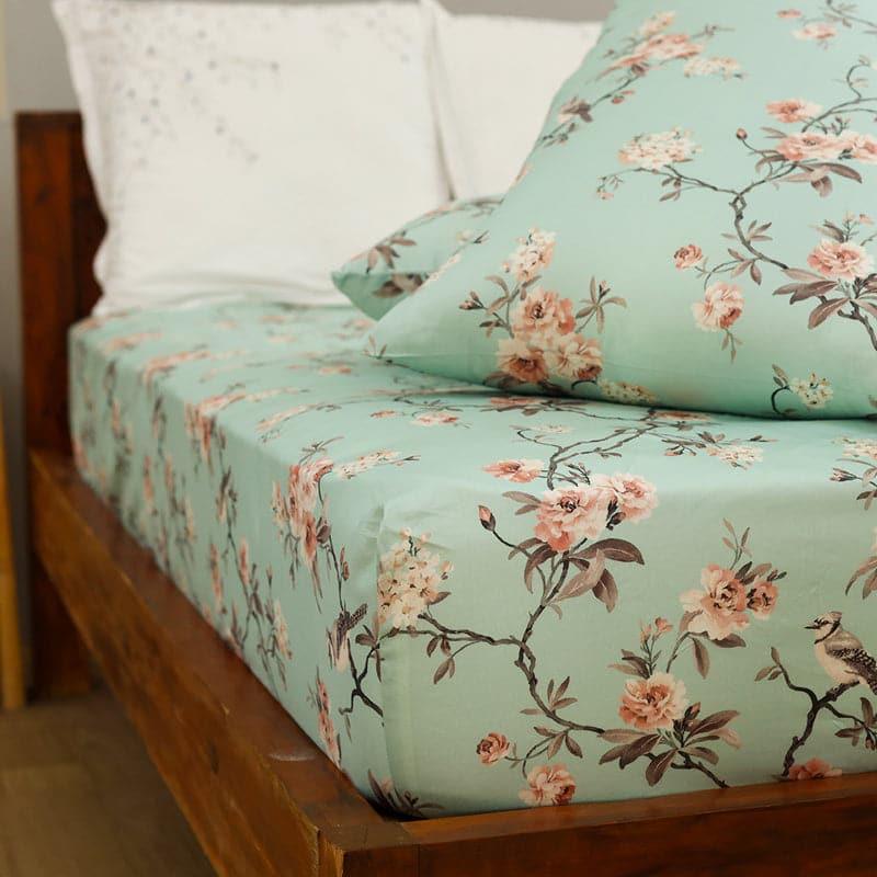 Buy Cherry Blossom Floral Bedsheet - Green Bedsheets from Vaaree