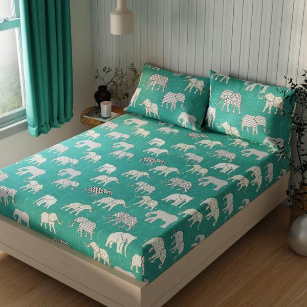 Bedsheets - Elephanto Walk Bedsheet - Aqua