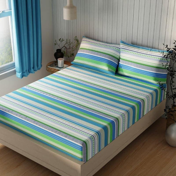 Bedsheets - Salega Striped Bedsheet - Blue & Green