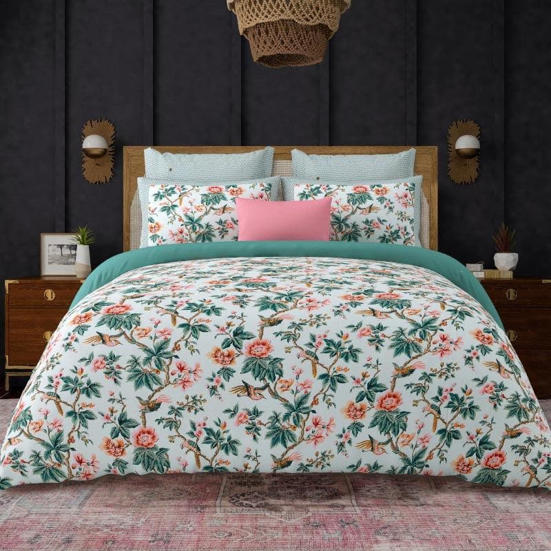 Buy Blossom Symphony Bedsheet - Blue & Coral Bedsheets from Vaaree